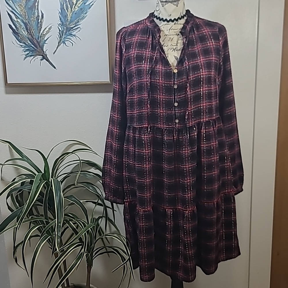 LOFT plaid metalic gold strip prairie dress